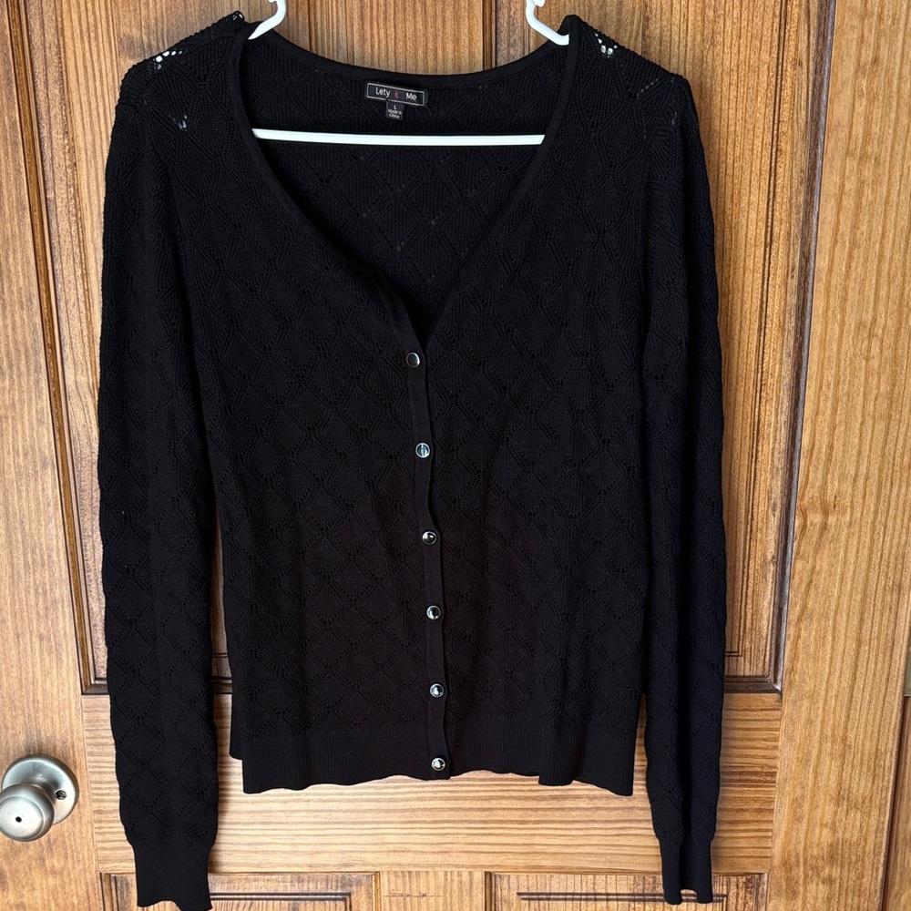 Lily & Me Black Button-Front Pointelle Cardigan
